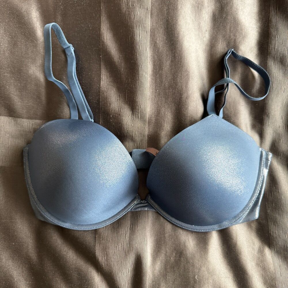 VICTORIA'S SECRET Blue Shimmer Shiny Padded Plunge Push Up Bra Size 36DD